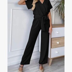 Pretty Garden Black Wrap Jumpsuit with Tie Waist